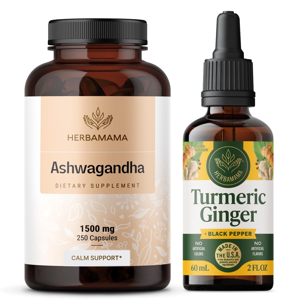HERBAMAMA Ashwagandha and Turmeric Ginger Kit - Ensemble de 1 500 mg Ashwagandha Capsules Racines et Teinture de Ginger Turmeric 2 fl oz - Vegan, Non-OGM, Sucre et Sans alcool - 2 Pack