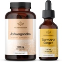 HERBAMAMA Ashwagandha and Turmeric Ginger Kit - Ensemble de 1 500 mg Ashwagandha Capsules Racines et Teinture de Ginger Turmeric 2 fl oz - Vegan, Non-OGM, Sucre et Sans alcool - 2 Pack