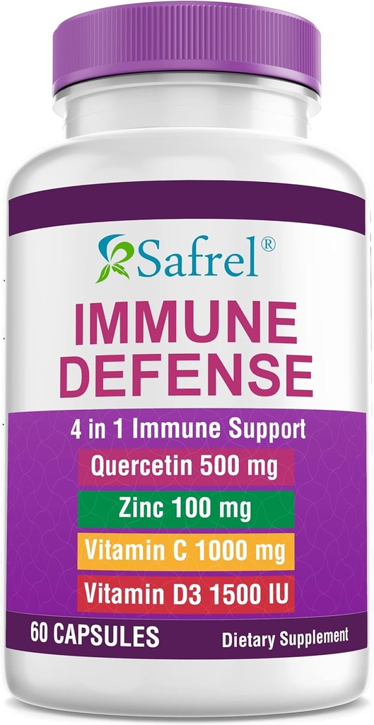 Safrel fort soutien immunitaire, Quercetin 500 mg, Picolinate de zinc100 mg, Vitamatic 1000 mg, Vitamine D3 1000 UI, 60 capsules, 1 mois d'approvisionnement