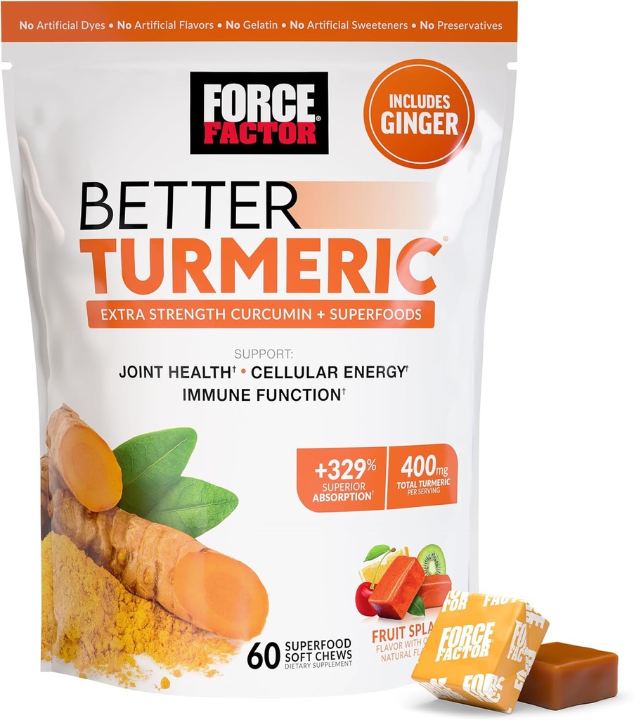 FORCE FACTOR Better Turmeric Supplement 400mg avec poivre noir et gingembre, soutien articulaire extra-fort, absorption supérieure, comme les gummies turcuma, splash de fruits, 60 guillemets turcuma