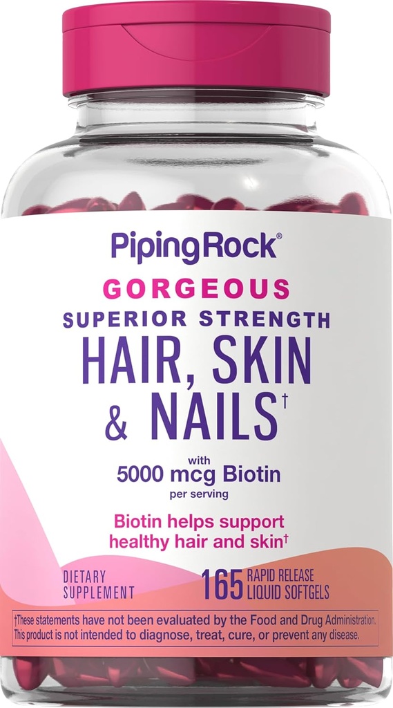 Piping Rock Peau et ongles Vitamines pour les femmes et les hommes 165 Softgels 5000 mcg de Biotine Extra Strength avec de l'Argan et de l'huile de coco