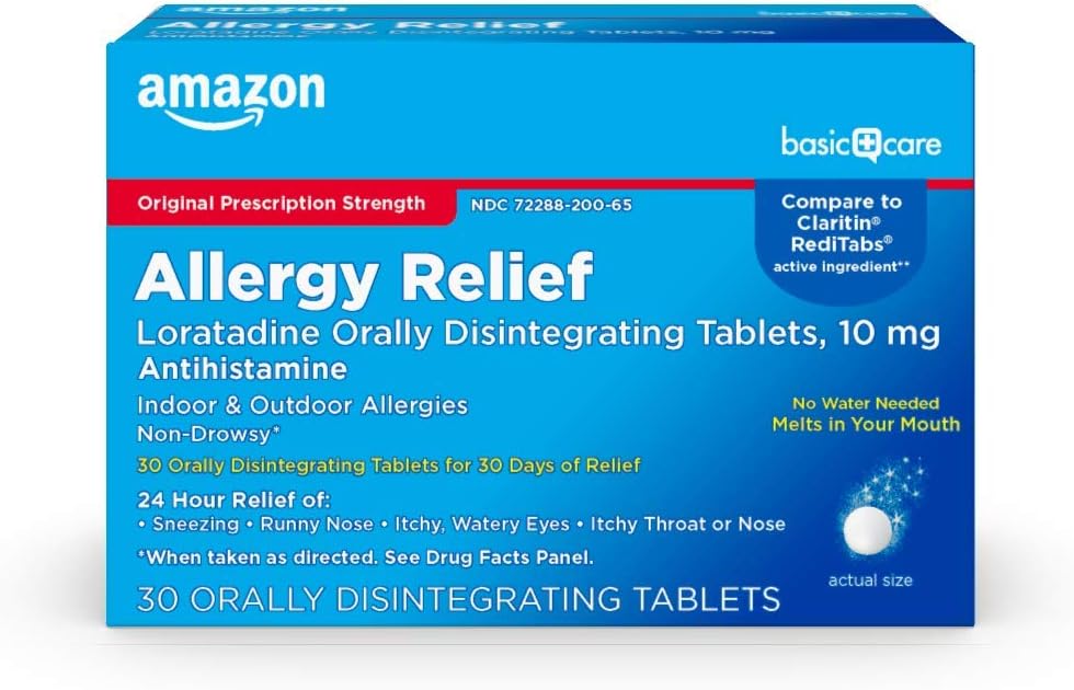 Amazone Soins de base Loratadine Désintégration orale des comprimés, 10 mg, Antihistamine, Allergie Médecine, 24 heures de soulagement, 30 Compte