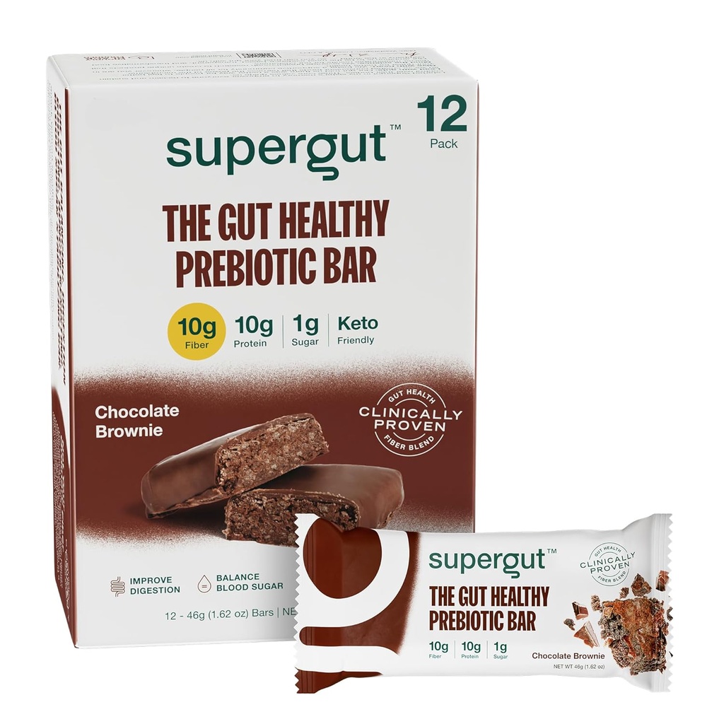 Supergut GLP-1 Boosting Prebiotic Bars, Chocolat Brownie - Gut Healthy Protein Snacks & Breakfast Bars - Barres d'énergie de remplacement de repas amis kéto (12 comte)
