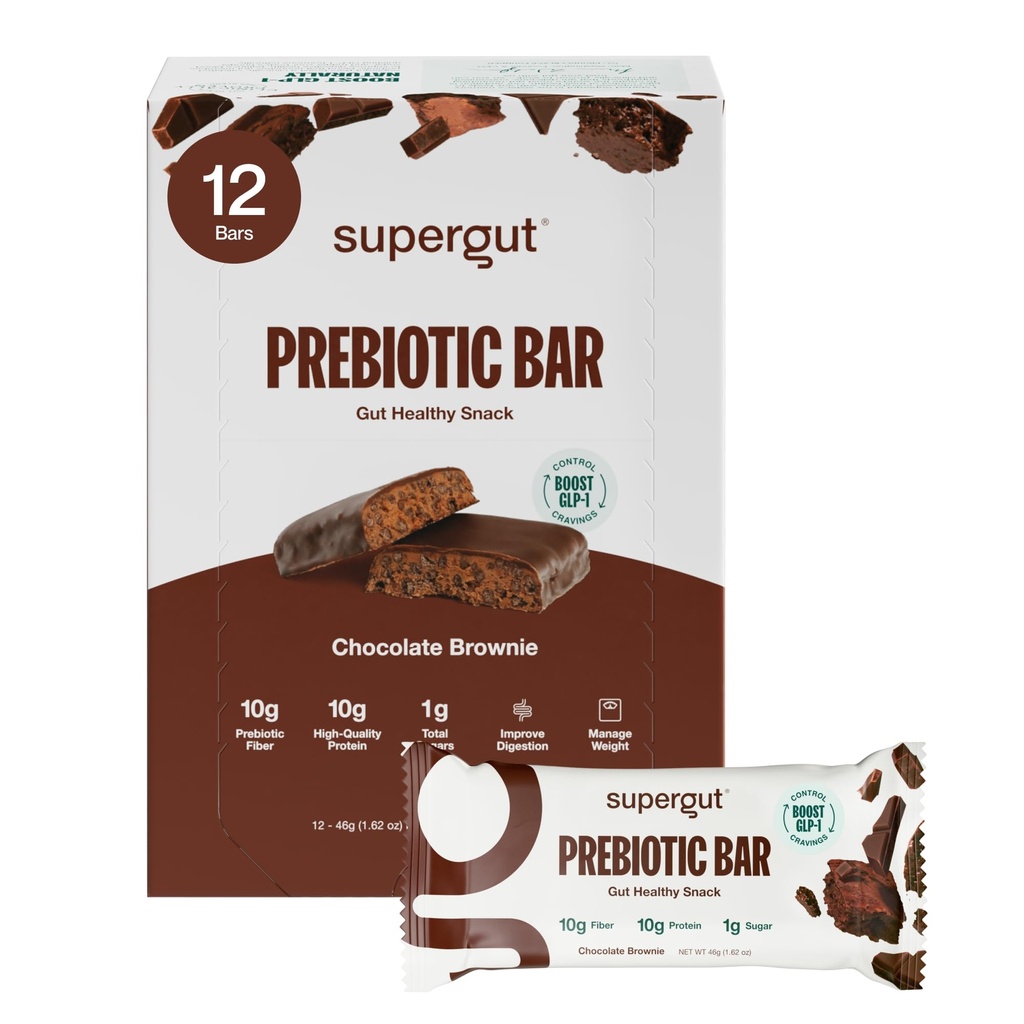 Supergut GLP-1 Boosting Prebiotic Bars, Chocolate Brownie - Gut Healthy Protein Snacks & Breakfast Bars - Keto-Friendly Meal Replacement Energy Bars (12 Count)