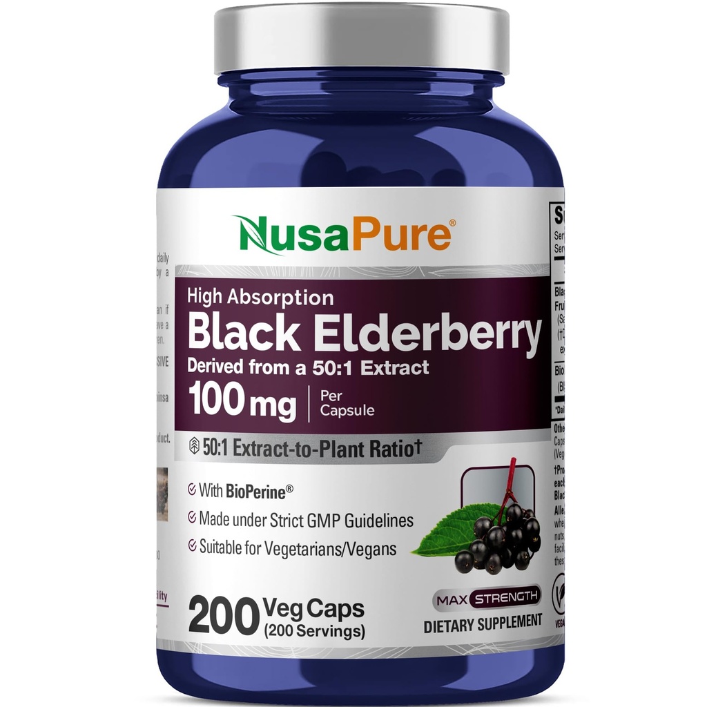 NusaPure Black Elderberry 50:1 Extrait, 100 mg équivalent à 5 000mg par capsule de Veggie, 200 Compte (non-OGM, biopérine) Supplément Sambucus