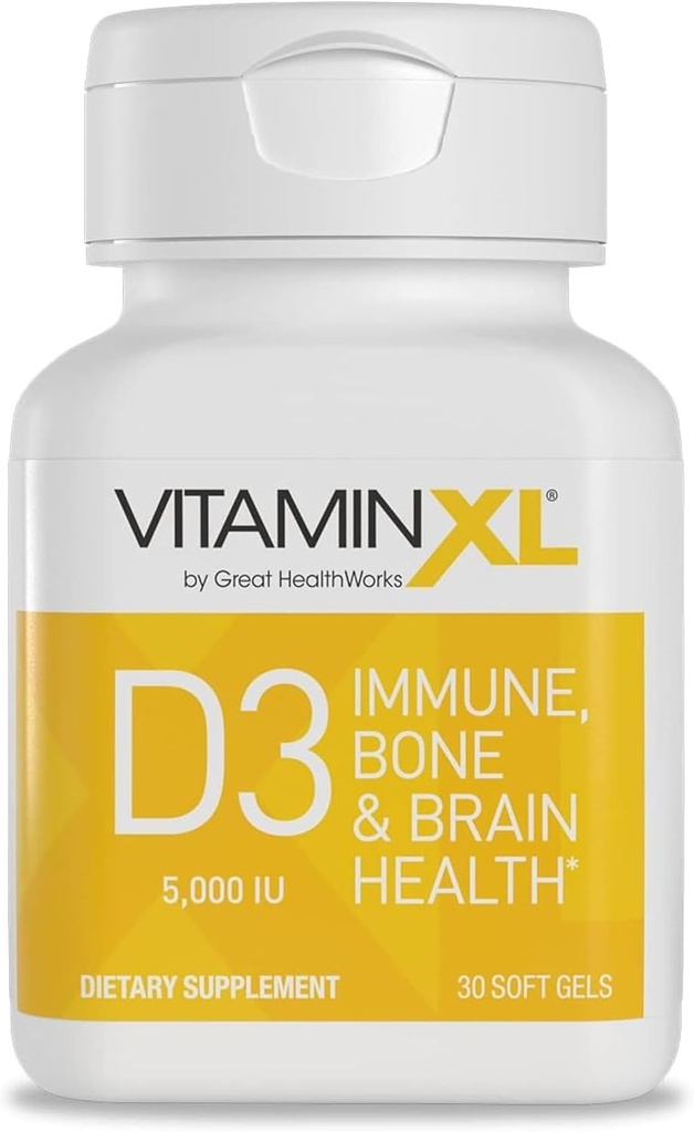 OmegaXL VitamineXL D3 Haute puissance Vitamine quotidienne D 5000 UI 125mcg Supplément de soutien immunitaire - favorise la fonction musculaire saine et les os forts - non-OGM, sans gluten - 30 softgels