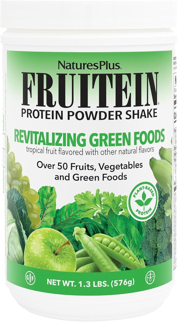 NaturesPlus FRUITEIN Revitalizing Green Foods Shake - 1.3 lbs - Plant-Based Protein (13g/Serving) - Supports Energy & Immune System - Vegetarian, Gluten Free & Non-GMO - 16 Servings