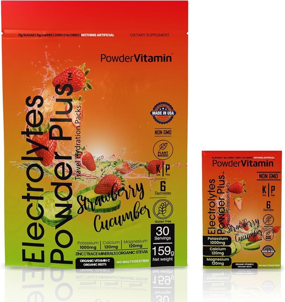 PowerVitamine Electrolytes Powder Packets - Cucumber de fraise - Keto Electrolytes pour l'énergie quotidienne - Poudre d'hydratation avec 1000mg Potassium, 120mg Magnésium, Zero Calories - 30 Packets d'hydratation