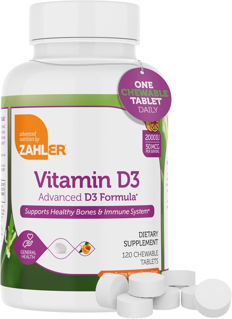 Zahler Vitamin D3 CHEWABLE 2000IU, an All-Natural Supplement Targeting Vitamin D Deficiencies, Certified Kosher, 120 Great Tasting Orange Flavored Tablets