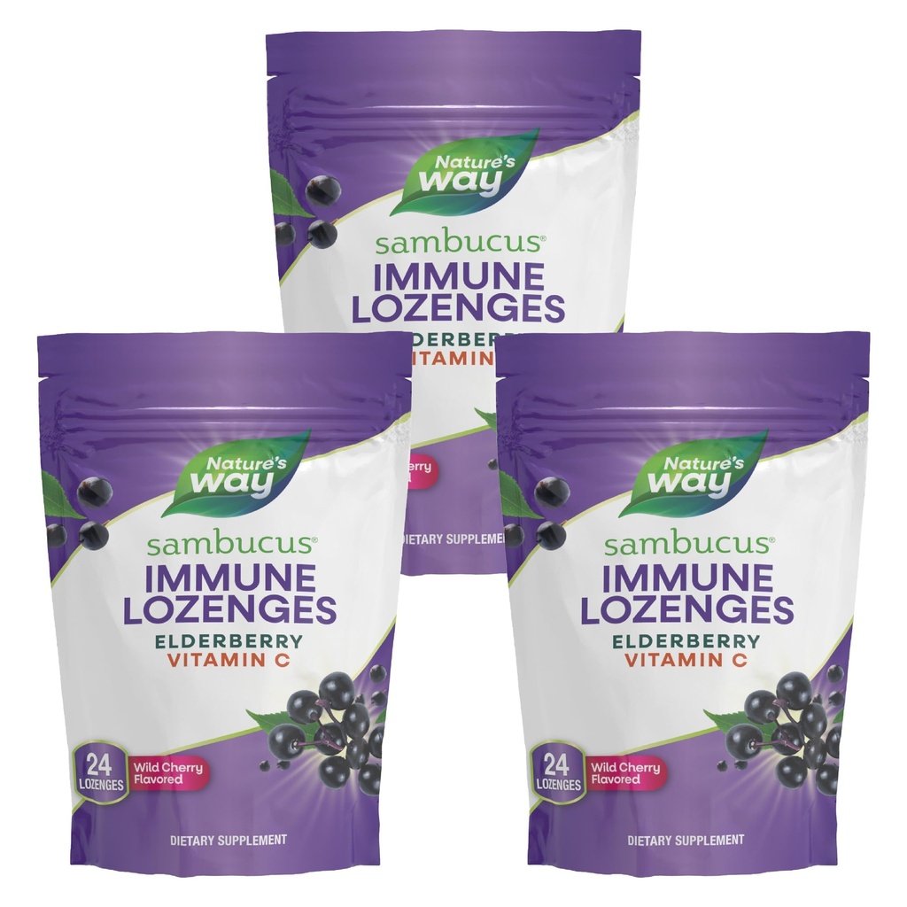 NatureS Way Sambucus Immune Lozenges, Vitamine C de haute puissance, Elderberry, Saveur de cerise sauvage, 24 Lozenges (emballage mai vary) - 3 Pack