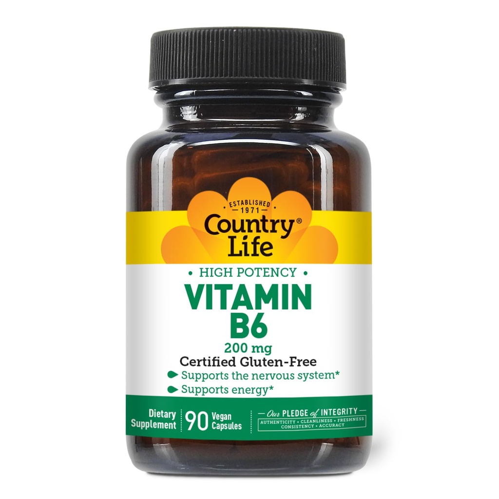 Country Life Vitamine B-6, Haute puissance, soutient l'énergie et le système nerveux, 200mg, 90 Capsules Vegan, certifié sans gluten, certifié végétalien, certifié halal...