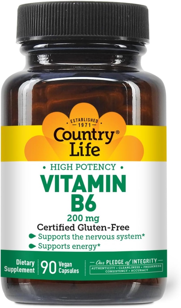 Country Life Vitamine B-6, Haute puissance, soutient l'énergie et le système nerveux, 200mg, 90 Capsules Vegan, certifié sans gluten, certifié végétalien, certifié halal...