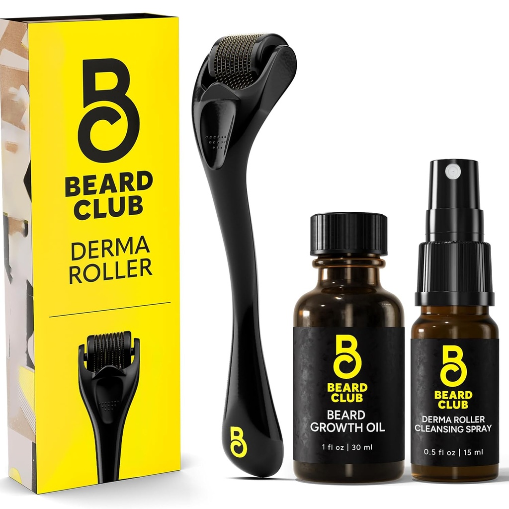 The Beard Club Derma Roller, Growth Oil & Cleansing Spray pour visage, corps et scalp - Microneedling pour hommes et femmes avec 540 microneedles de titane