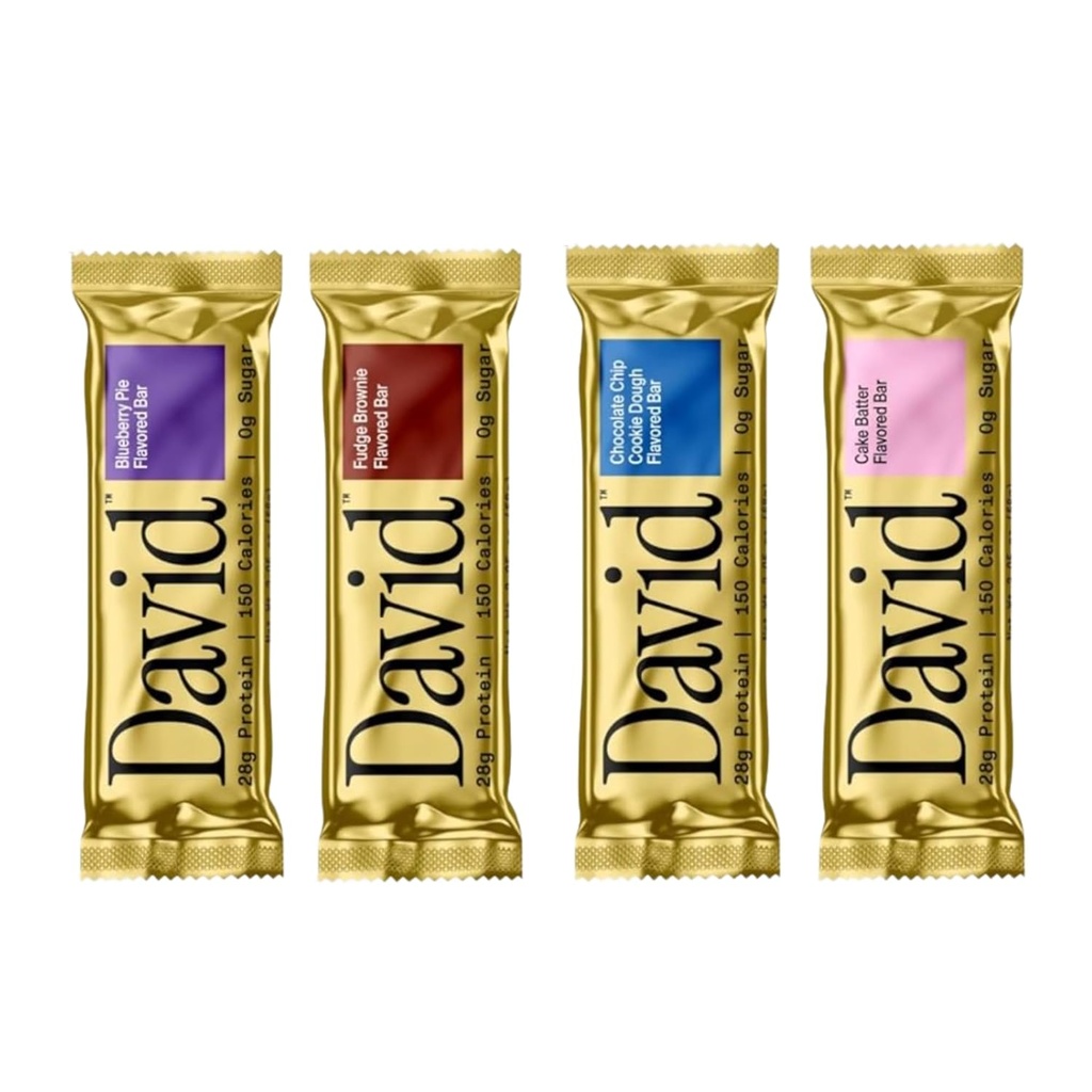 David, Barre de protéines, Pack d'échantillons, Pack de variétés, Pack de 4 barres de protéines, 28g de protéines, 150 calories, 0g de sucre - haute protéine, faible teneur en glucides, sans gluten