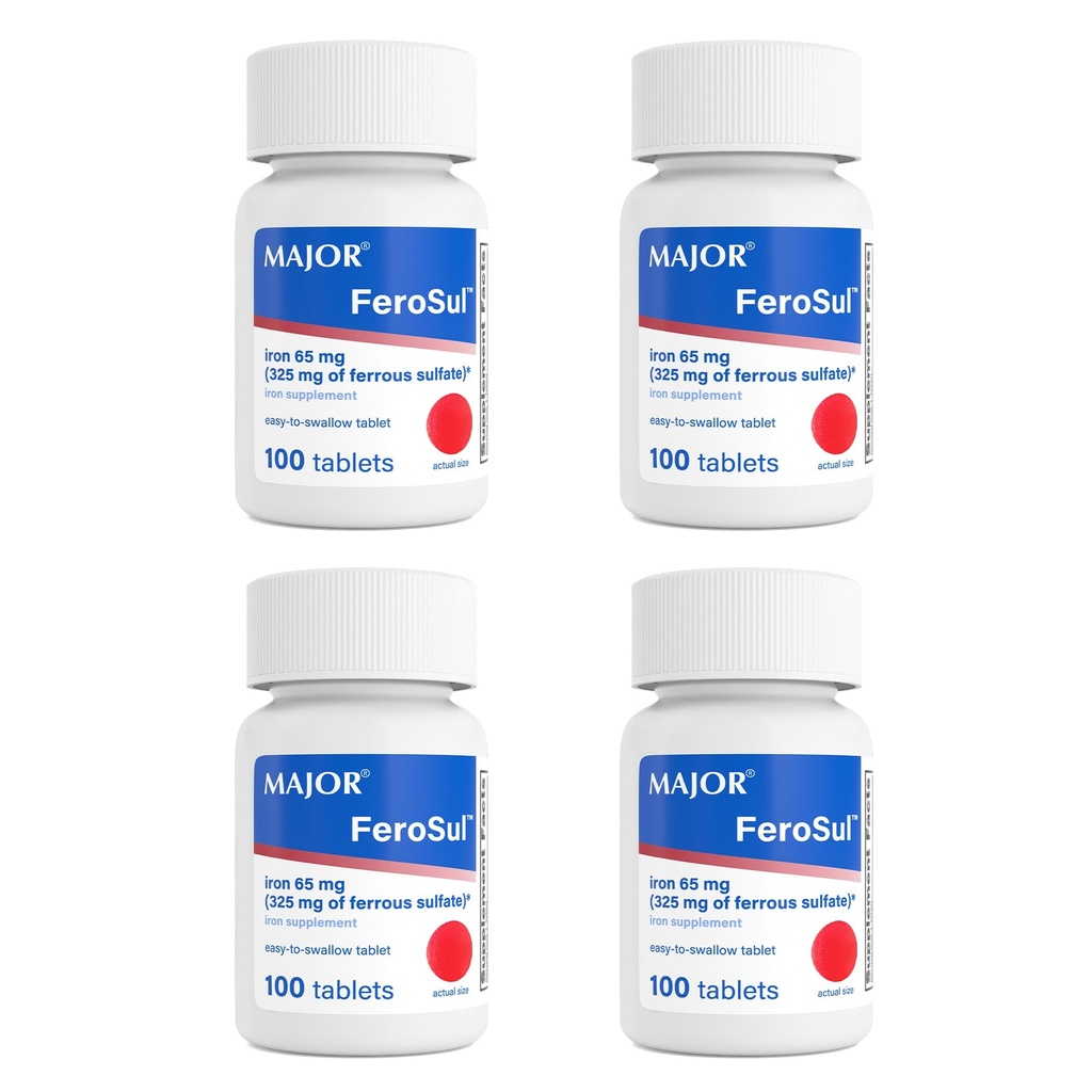 Major FeroSul - Sulfate de fer 325 mg Comprimés - Supplément en fer pour les femmes et les hommes - Comprimés enduits spécialement faciles à avaler - Rouge - 100 Compte (4 paquets)