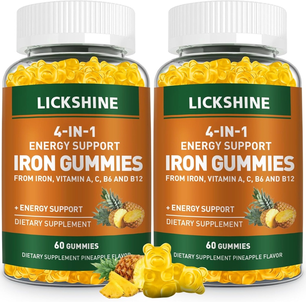 Gommies de supplément de fer Vegan 100MG pour les femmes et les hommes - avec vitamine C, A, B pour les adultes et les enfants - Soutien énergétique pour le déficit en fer, Anémie - Flaveur d'ananas (120 Ct)