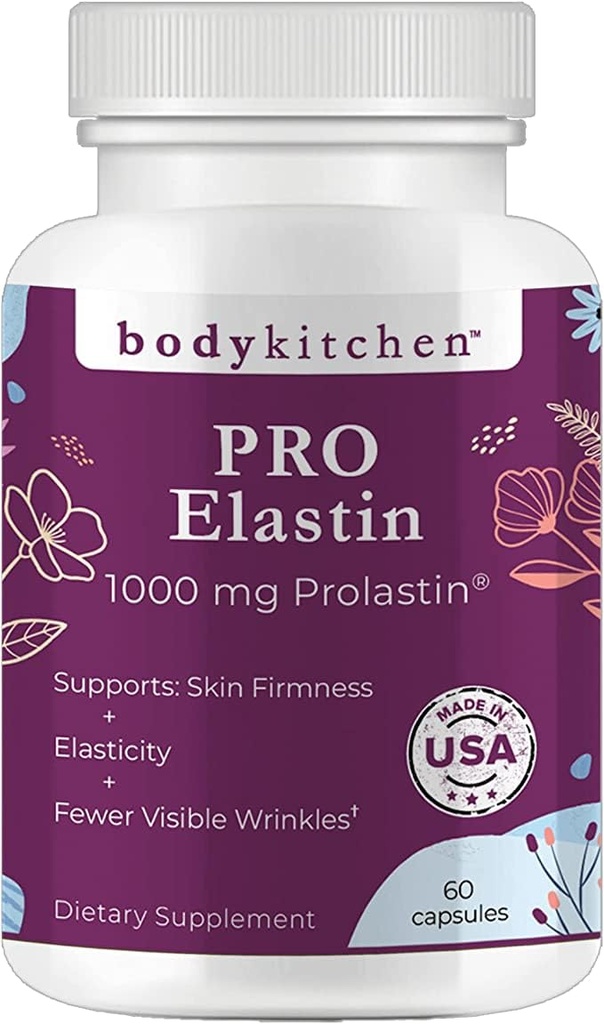 Cuisine du corps Pro-Elastin, supplément d'élastine de 1000 mg, aider à réduire les signes de vieillissement, amélioration de la santé de la peau, fermeté et élasticité, moins de rides, bouchons de légumes, (paquet de 1)