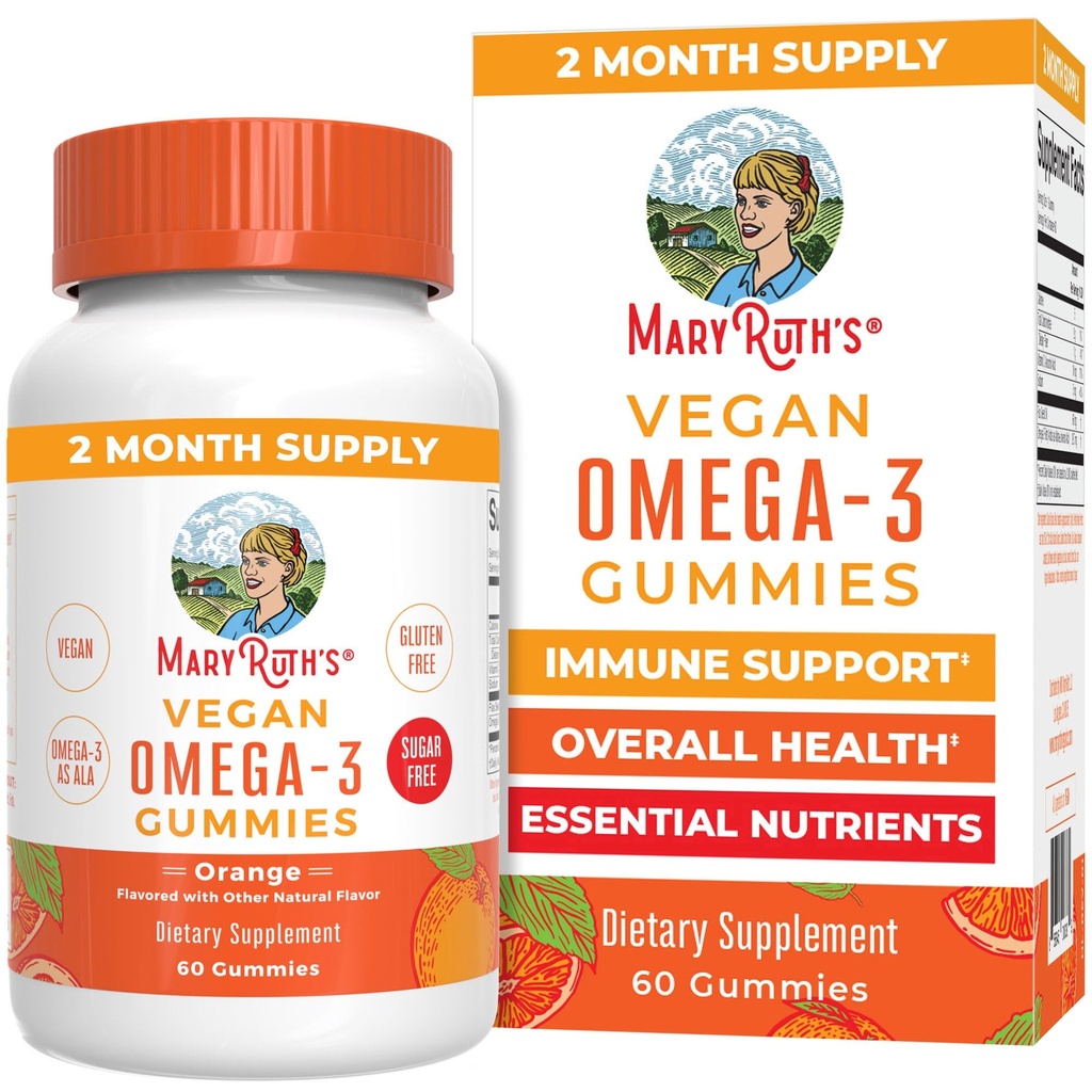 MaryRuth Organics Vegan Omega 3 Gummies pour les adultes. 2 mois d'approvisionnement Supplément sans sucre avec vitamine C. Huile de lin.