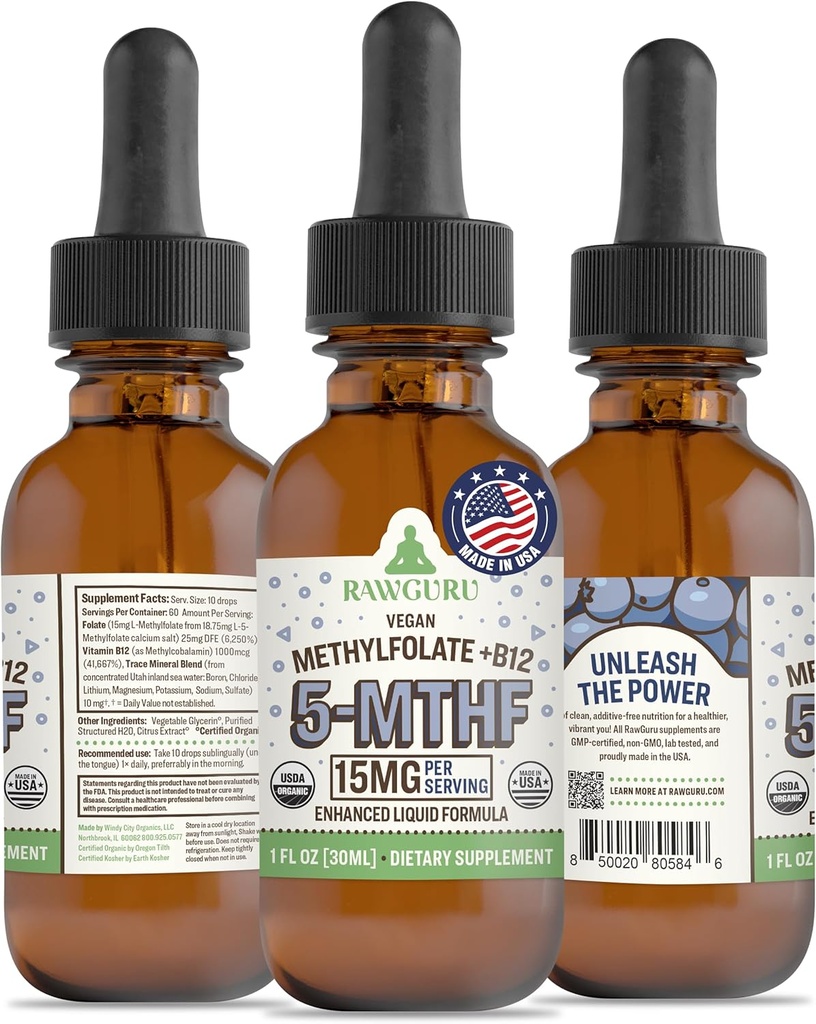 RawGuru L-méthylfolate 15 mg + Vitamine B12 - Organic Vegan Méthylated B12 with Trace Minerals - Nano-processed & Enhanced Liquid Formula - 300 portions de légumes gouttes par 30 ml, boîte de 1