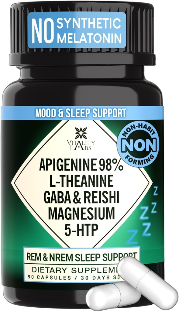 Supplément naturel d'aide au sommeil pour les adultes sans mélatonine - Sommeil à base de plantes non habitantes - GABA, L-Theanine, Reishi Mushroom, Apigenin, Magnésium Glycinate, 5-HTP - 90 Capsules de végétalien