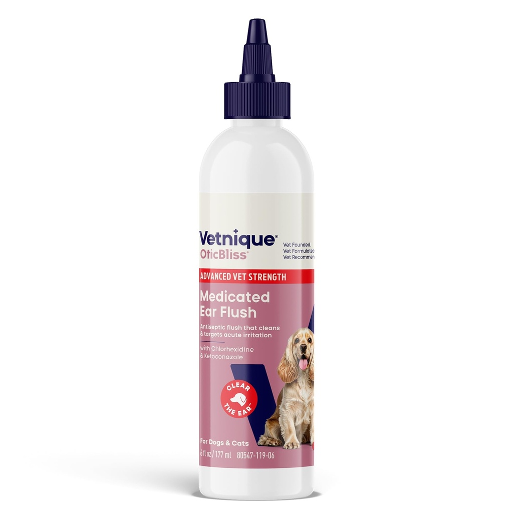 Vetnique Oticbliss Avanced Strength médicamented Dog Ear Infection Treatment, Antiseptic Ear Cleaner for Cat & Dog Ear Cleaning Solution Chlorhexidine & Ketoconazole (6oz Flush)