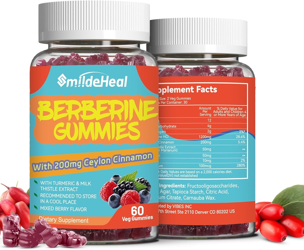 2 Pack Gommies berbères 1200mg avec cannelle Ceylan 200mg, extrait de chardon de lait et curcuma, saveur de baie végétalienne, non-OGM, sans gélatine, sans gluten, 120compte