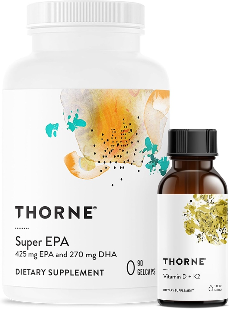 THORNE - Super EPA (90 gelcaps) et lot de vitamine D + K2 (1 Oz) - Soutient la santé osseuse, la structure musculaire et la santé articulaire - Gluten, laiterie et sans soja