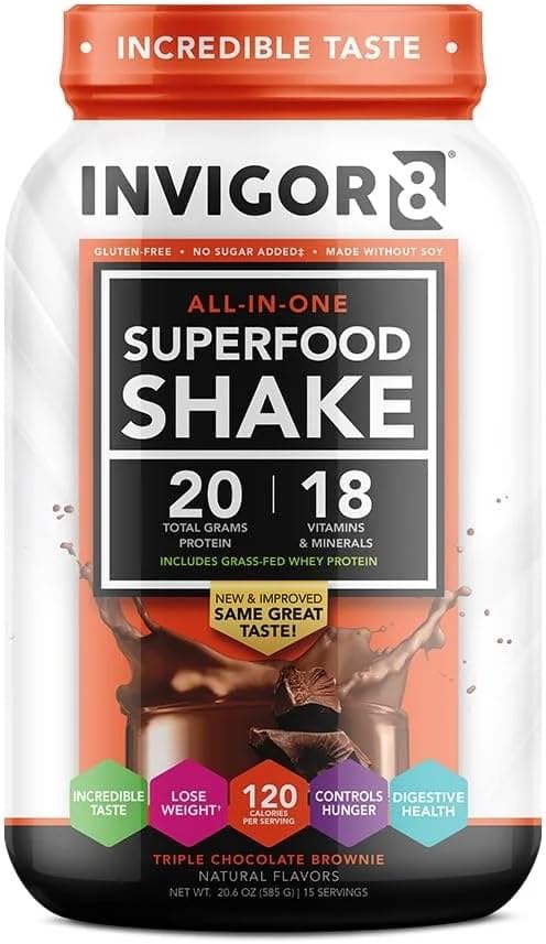 INVIGOR8 Superfood Herbe Foie Protein Isolate Shake Chocolat Brownie Remplacement sans gluten et sans OGM avec probiotiques et oméga 3 (645g)