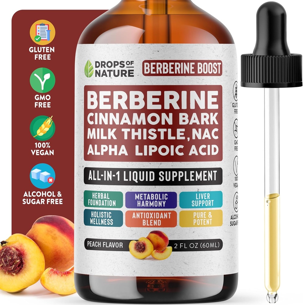 Supplément berbère, Thistle de lait, Ceylan cannelle, acide alpha lipoïque, supplément NAC gouttes liquides - Vegan, 4X Absorption par rapport aux capsules - Berbère pour le soutien du foie et le bien-être holistique (Peach, 60mL)