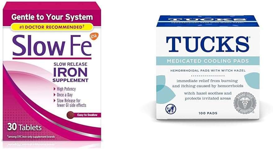Slow Fe 45mg supplément de fer pour comprimés et couettes de carence en fer Pads de refroidissement médicamenteux pour les hémorroïdes, 100 Compte
