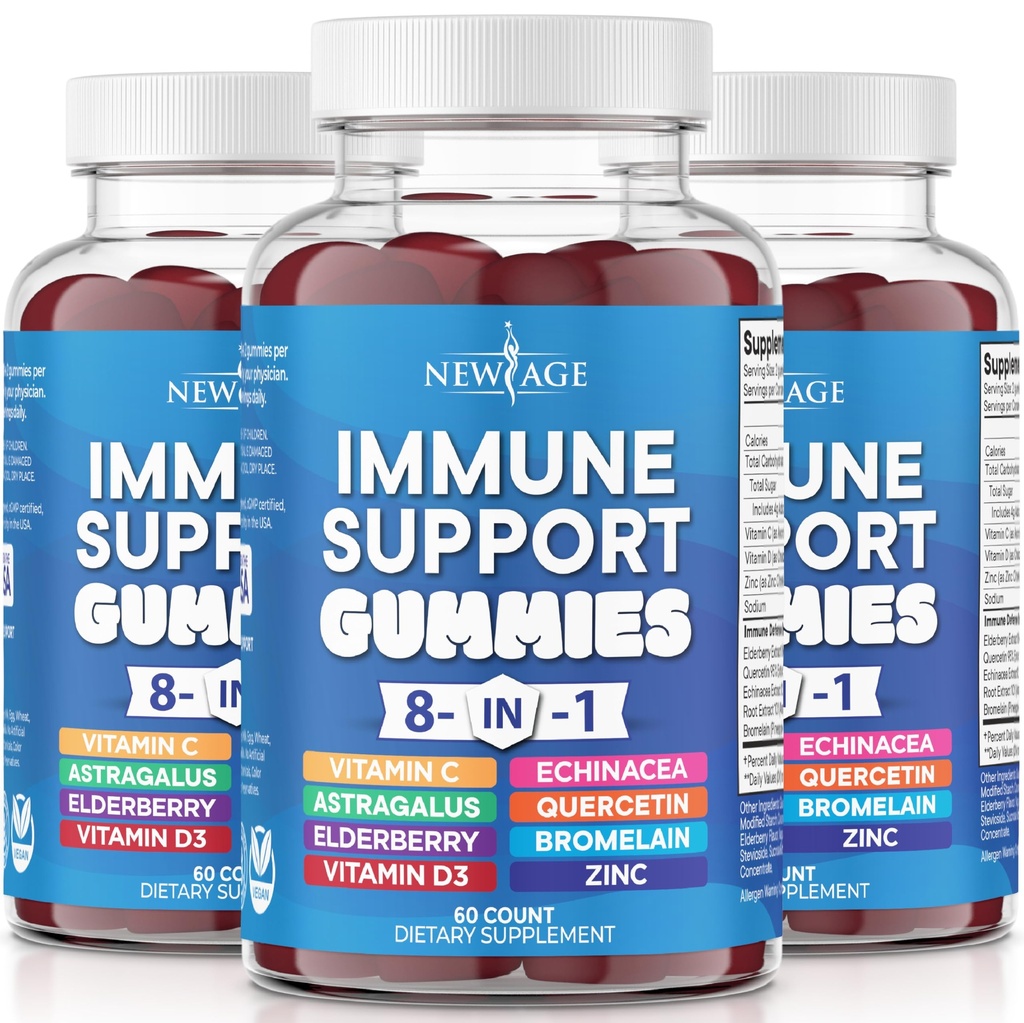 Nouveau supplément de soutien immunitaire de 8 ans en 1 avec racine d'Astragalus, vitamine C et zinc 50mg, vitamine D 5000 UI, Quercetine et bromélaine (8 en 1 Gommies (paquet de 3)