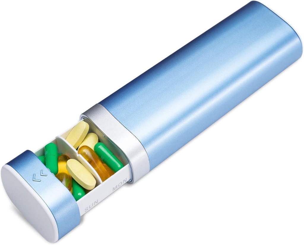 Betife Travel Pill Organizer Weekly 7 Day, Compact Daily Pill Box, Portable Medicine Case, Support de pilule mignon pour suppléments de vitamines, Organisateur de pilules en forme de tiroir (bleu)