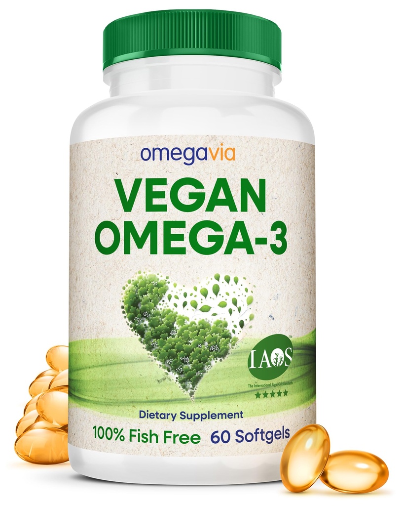OmegaVia Vegan Omega 3 Supplément, Algae Omega 3 Huile de poisson Alternative, 300mg Vegan DHA Acides gras, basé sur les plantes, Planet and Ocean Friendly, IAOS 5 Star testé, 60 Softgels