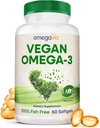OmegaVia Vegan Omega 3 Supplément, Algae Omega 3 Huile de poisson Alternative, 300mg Vegan DHA Acides gras, basé sur les plantes, Planet and Ocean Friendly, IAOS 5 Star testé, 60 Softgels
