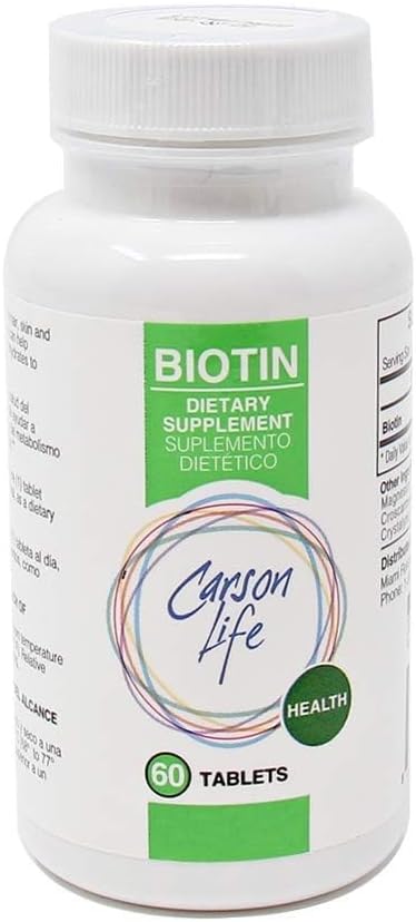 Supplément Biotine Carson Life - 60 comprimés - pour les hommes et les femmes - supplément de vitamine qui favorise la croissance des cheveux - Formule avancée aide à stimuler l'énergie et la croissance cellulaire - Fabriqué aux États-Unis