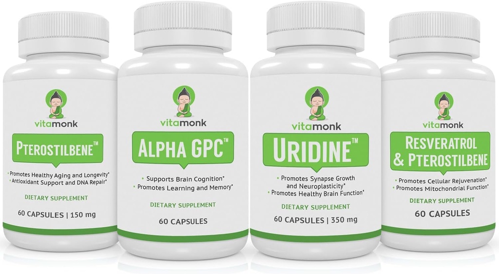 VitaMonk Resveratrol, Pterostilbene, Alpha GPC et Uridine Bundle - Longévité et amélioration cérébrale
