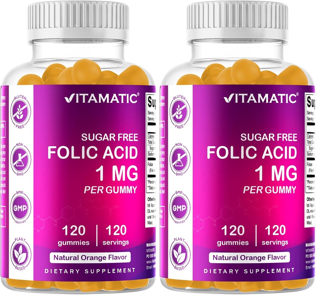 Gummées d'acide folique vitamatique 1000 mcg (1 mg) - Vitamines prénatales essentielles pour maman et bébé - Vitamine B9-120 Gummées végétaliennes (2)