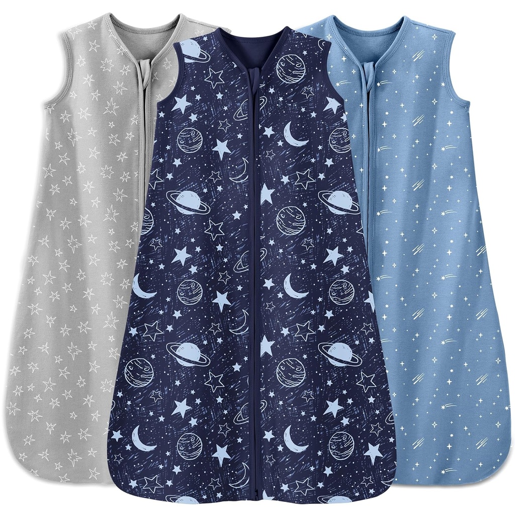 Sac de couchage bébé 12-18 mois 3 Pack 100% coton Léger 0,5 TOG Portable sac de couchage bébé avec fermeture éclair 2 voies pour bébé bleu