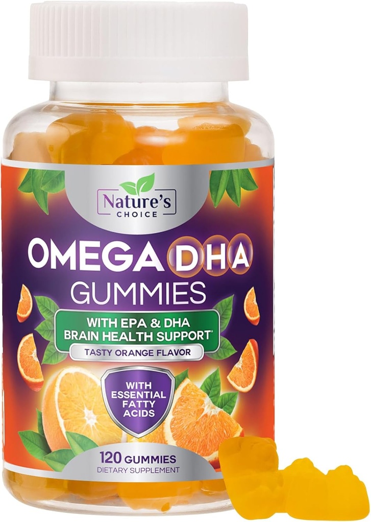 Omega 3 Gommies à l'huile de poisson - Triple force Omega3 Gommy - DHA & EPA Acides gras pour la santé cardiaque, le soutien des articulations et du cerveau, supplément à l'huile de poisson Omega haute absorption de la nature, parfum orange- 120 Gommies