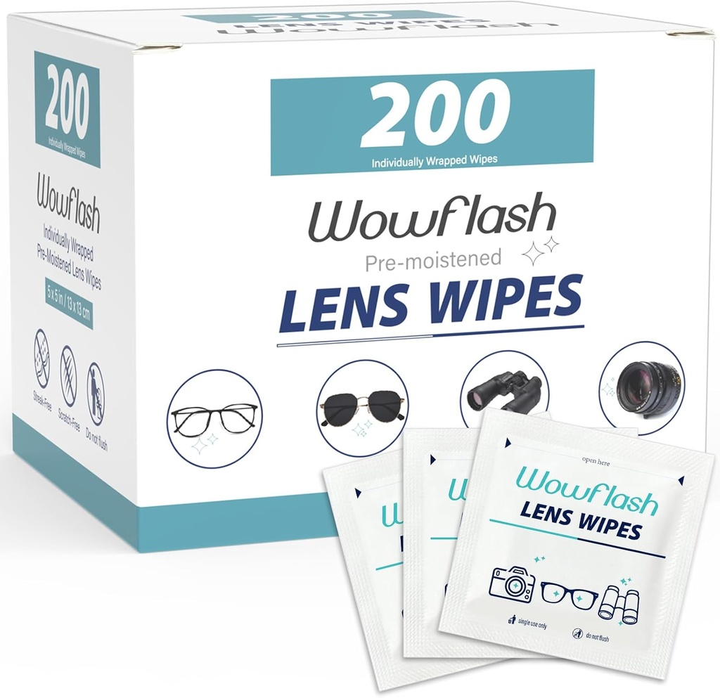 200 Wipes Count Lens pour Lunettes de vue, Wipes de nettoyage de lentilles de lunettes Pré-humidifiées Individuellement enrobées sans griffe pour lunettes sans écharpe Wipes nettoyantes pour lunettes de soleil, objectif caméra, lunettes
