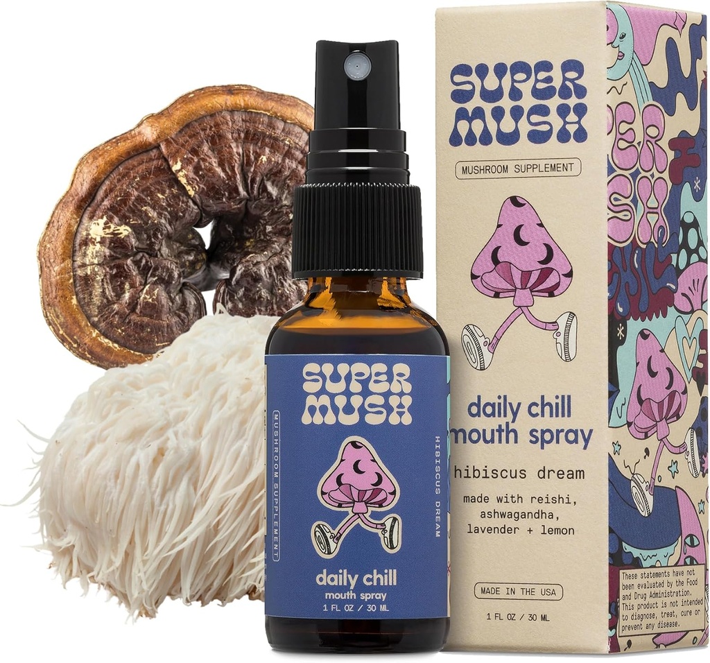 SuperMush Daily Chill Mouth Spray - Mushroom Spray Supplement Reishi - Hibiscus & Ashwagandha Mixed Mushrooms Extract Pure Liquid Sprays - Stress Relief, Relaxing & Calming - 30ml Organic Lion’s Mane