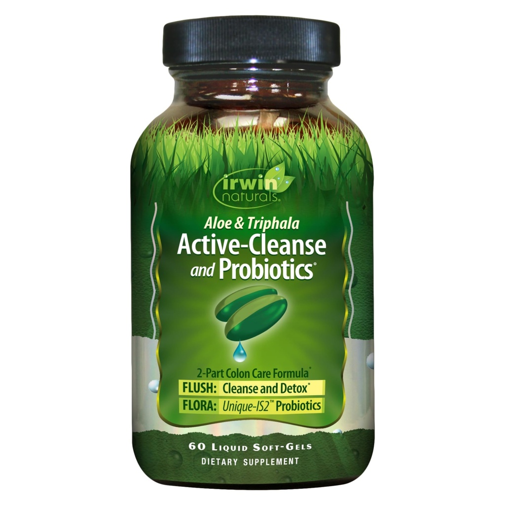 Irwin Naturals Aloe & Triphala Active Cleanse + Probiotiques - 60 Softgels liquides - Soutien digestif naturel - Détox doux, efficace + soin des colonies 2 parties - Nourish + Balance