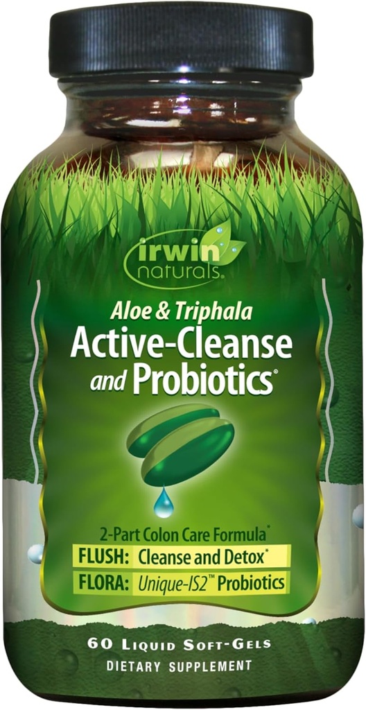Irwin Naturals Aloe & Triphala Active Cleanse + Probiotiques - 60 Softgels liquides - Soutien digestif naturel - Détox doux, efficace + soin des colonies 2 parties - Nourish + Balance