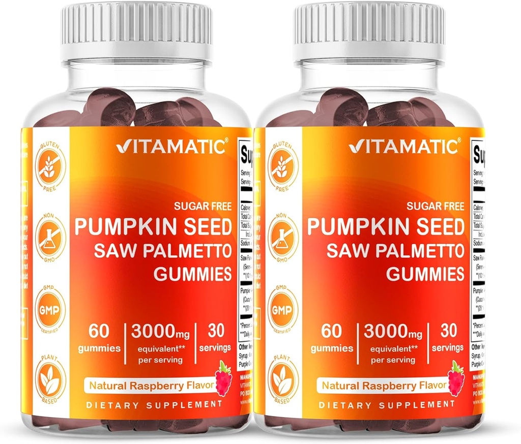 Vitamatic 2 Packs Sugar Free Pumpkin Seed Gummies- 3000 mg Equivalent Per Serving (from 20:1 and 10:1 Extract 200 mg) - Made with Saw Palmetto - Natural Raspberry Flavor - 60 Count
