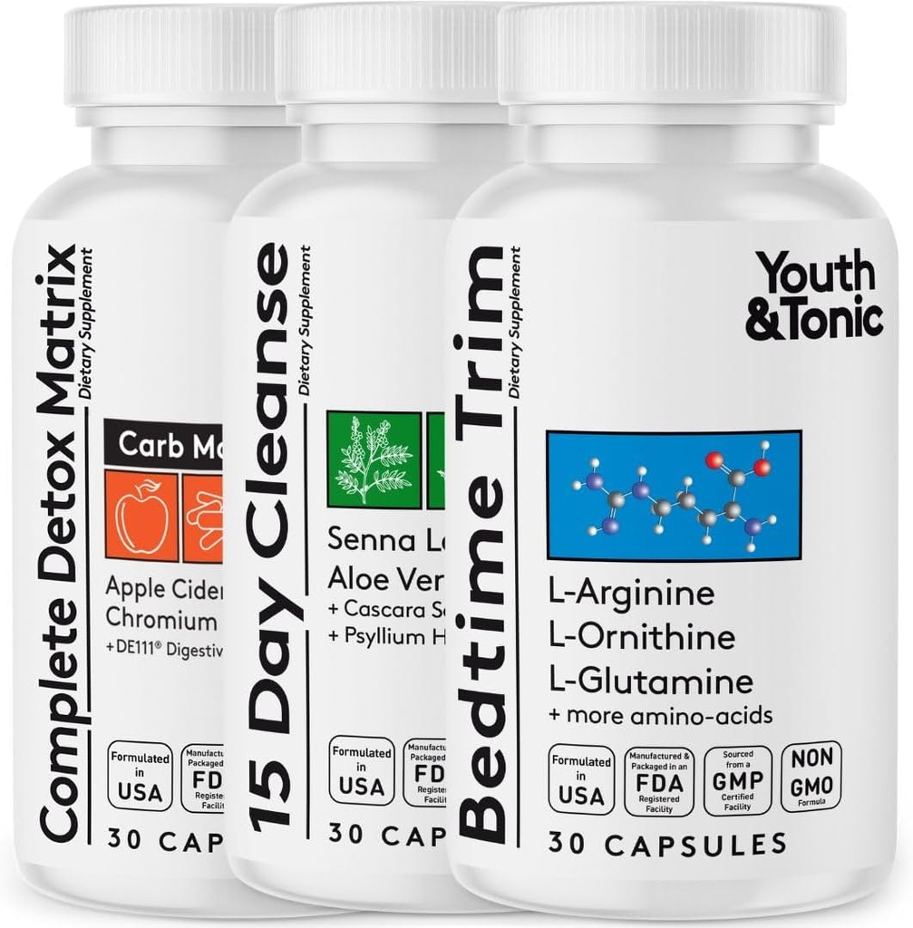 Youth & Tonic Amino Acids Bedtime Trim 15 Day Colon Cleanser & ACV Detox | for Detox Cleanse Metabolism & Lean Muscles | 90 Pills