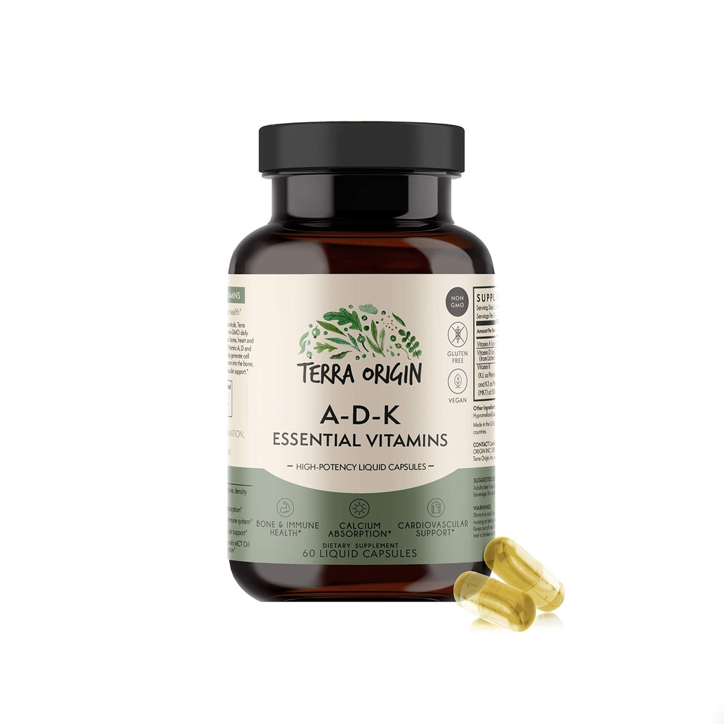 ORIGINAL TERRA ADK Supplément de vitamine essentielle 60 Capsules liquides, haute puissance Vitamine A, D 5000 UI, K1 et K2.