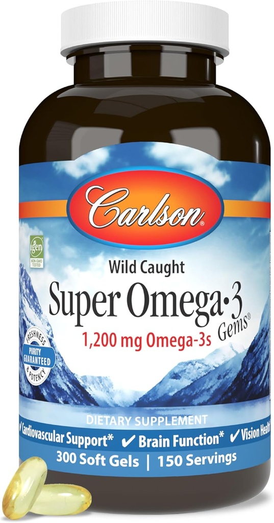 Carlson - Super Omega-3 Gems, 1200 mg Omega-3 Fatty Acids with EPA and DHA, Wild-Caught Norwegian Fish Oil Supplement, Sustainably Sourced Capsules 300 Softgels