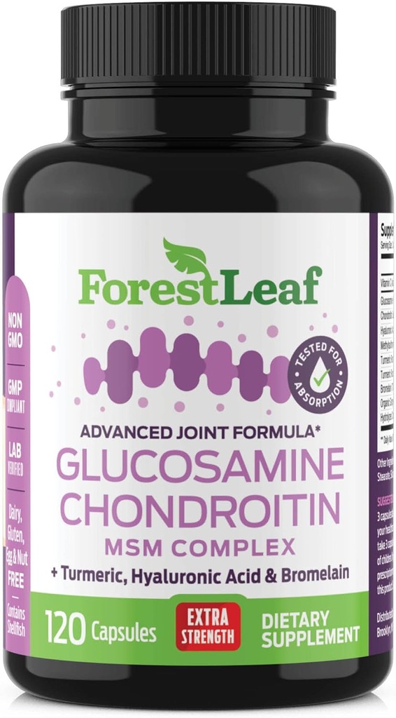Glucosamine Chondroïtine MSM Complex Supplement - Triple Strength 1200mg Joint Support Supplément pour les femmes et les hommes avec l'acide curcuma, l'acide hyaluronique et le bromelain pour la flexibilité musculaire - 120 capsules