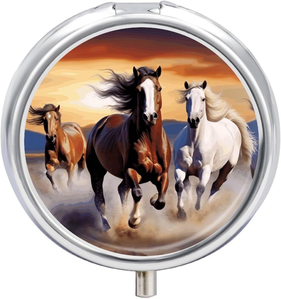 Boîte à pilules ronde Chevaux de course Imprimé 3 Compartiment Petit cas de pilule Portable Pillet Conteneur pour tenir des suppléments Vitamines Huile de poisson Médicaments