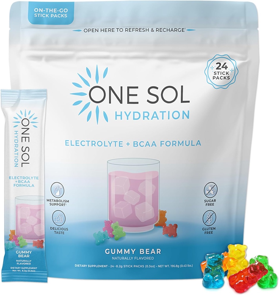 Un Sol BCAA et poudre d'électrolyte pour l'hydratation et l'énergie, formule tout naturel, 100% végétalien, non-OGM, sans gluten et sans soja, favorise la croissance et la récupération musculaires, l'arôme d'ours gommy